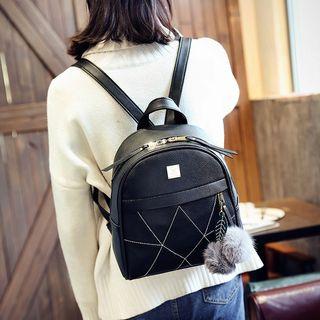 Faux Leather Backpack With Pom Pom Charm