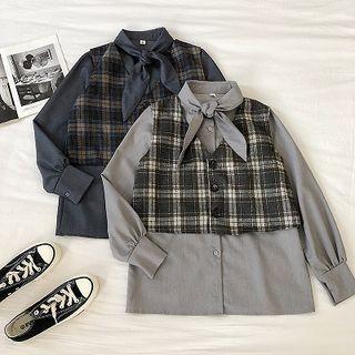 Set: Long-sleeve Tie-neck Shirt + Button Plaid Vest