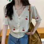 Short-sleeve Cherry Embroidered Cardigan Off-white - One Size