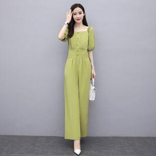 Set: Square Neck Elbow-sleeve Top + Wide Leg Pants