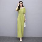 Set: Square Neck Elbow-sleeve Top + Wide Leg Pants