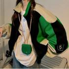 Stand Collar Color Block Jacket Color Block - Black & Green - One Size