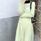 Long-sleeve Midi A-line Pleated Dress Light Green - One Size