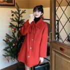 Peter Pan Collar Bow-accent Woolen Coat Red - One Size