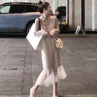 Polo-neck Mesh Trim Midi Sweater Dress