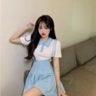 Short-sleeve Polo Shirt / Mini A-line Suspender Skirt