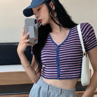 Short-sleeve Button-up Striped Cropped Knit Top