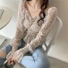 Long-sleeve Floral Print Drawcord Frill Trim Top