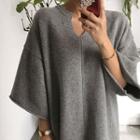 Wool Blend Open-placket 3/4-sleeve Knit Dress