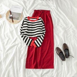 Contrast Trim Striped Cropped Top / High-waist Wide-leg Pants