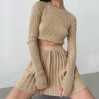 Set: Long-sleeve Cropped Knit Top + Ruched Mini Skirt