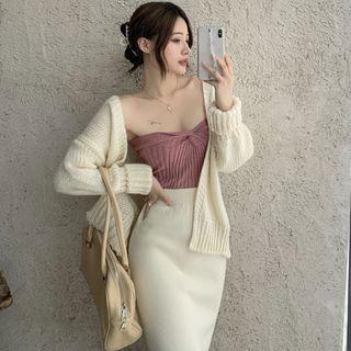 Cardigan / Knit Tube Top / Midi Fitted Skirt