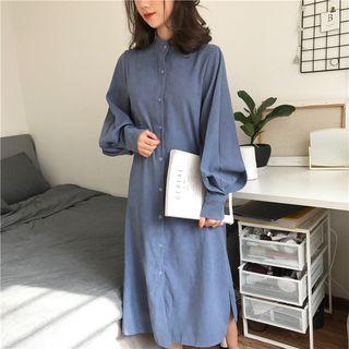 Puff-sleeve Shirt Midi Dress Blue - One Size