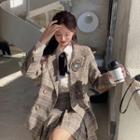 Logo Embroidered Double-breasted Plaid Blazer / Long-sleeve Shirt / Pleated Mini A-line Skirt