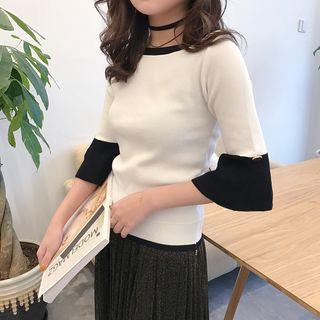 Color Block Elbow-sleeve Knit Top