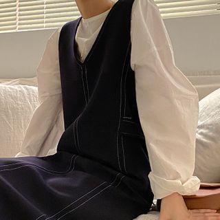 Contrast-stitch Long Pinafore Dress