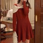 Long-sleeve Bow Knit Mini A-line Dress
