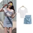 Puff-sleeve Tie Neck Lace Top / High-waist Ruffled Skirt