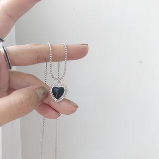 925 Sterling Silver Agate Heart Pendant Necklace L001 - Black Bead - Silver - One Size