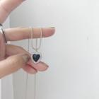 925 Sterling Silver Agate Heart Pendant Necklace L001 - Black Bead - Silver - One Size