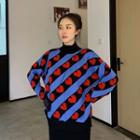 Heart Patterned Turtle-neck Loose-fit Sweater Sweater - As Figure - One Size