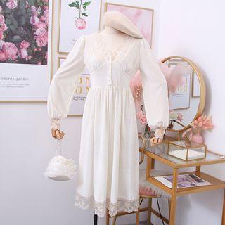Retro V-neck Lace Patchwork Velvet Long-sleeved Dress