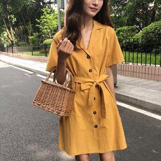 Plain Short Sleeve Shirt Dress With Belt