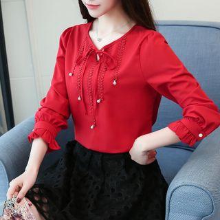 Long-sleeve Chiffon Beaded Top