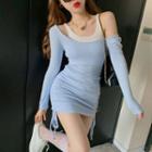 Mock Two-piece Long-sleeve Cold Shoulder Drawstring Knit Mini Bodycon Dress