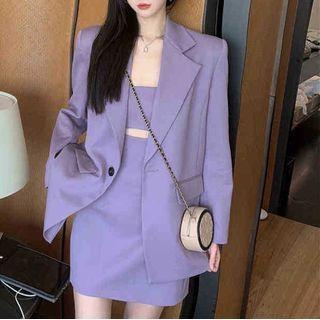 Set: Plain Blazer + Spaghetti Strap Cutout Mini A-line Dress