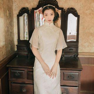 Short-sleeve Embroidered Lace Midi Mermaid Qipao Dress