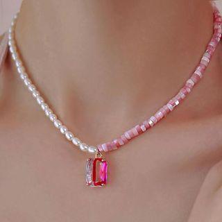 Faux Pearl Choker Necklace White & Light Red - One Size