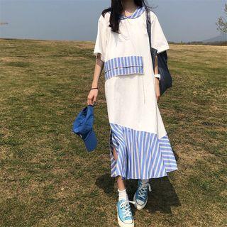 Stripe Panel Asymmetric-hem Short-sleeve Dress White - One Size