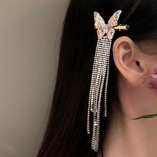 Butterfly Rhinestone Fringed Hair Clip Butterfly - Silver - One Size