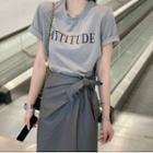 Set: Short-sleeve Lettering T-shirt + Slit Midi Pencil Skirt