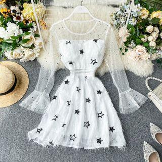 Long-sleeve Paneled Sequined A-line Dress