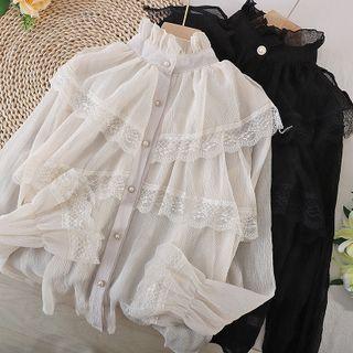 Stand-collar Lace Trim Long-sleeve Chiffon Top