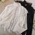 Stand-collar Lace Trim Long-sleeve Chiffon Top