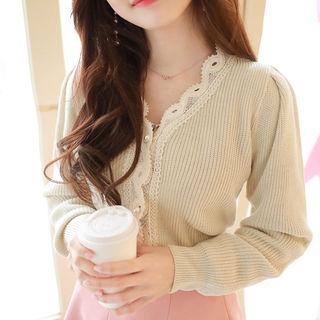 Puff-shoulder Crochet-trim Cardigan