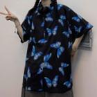 Butterfly Print Short-sleeve Oversize Shirt