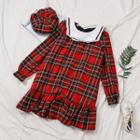 Contrast Sailor Collar Plaid Dress Red Dress - One Size