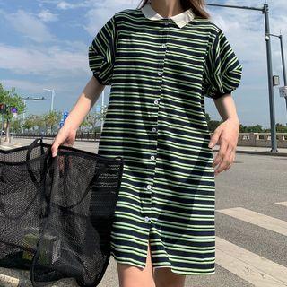 Short Sleeve Striped Polo Dress Stripe - Green - One Size