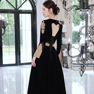 Long-sleeve Embellished Maxi Cocktail Dress