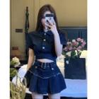Short-sleeve Denim Crop Top / Mini A-line Skirt