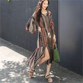 Flare-sleeve Patterned Long Dress