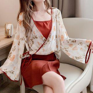 Set: Plain Camisole Top + Flower Print Chiffon Wrap Jacket Brick Red - One Size