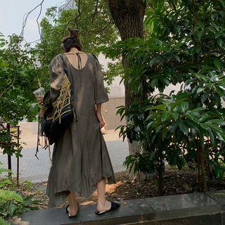 Plain Long-sleeve Tie-back Maxi A-line Dress