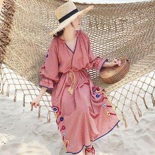 Balloon-sleeve Floral Embroidered Gingham Midi Sundress