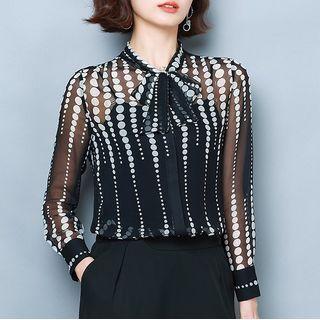 Long-sleeve Bow Accent Dotted Sheer Blouse