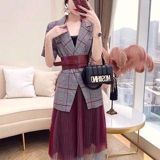 Set: Short-sleeve Blazer + Pleated Midi Skirt